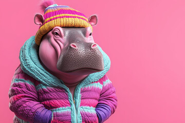 Colorful hippopotamus wearing winter clothes on a solid blue background. Minimalist and modern poster design with playful, vibrant tones perfect for fun seasonal visuals.web banner design bloh flyer