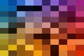Vibrant abstract pixelated gradient background design featuring a spectrum of seamlessly transitioning colorful square blocks creating a modern mosaic pattern.