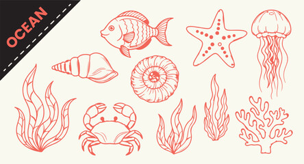 Hand Drawn Ocean Life Vector Set | Outline Illustration Pack of Fish, Crab, Starfish, Seaweed, Corals, and Shells for Marine and Underwater Design.