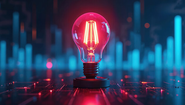 Retro filament bulb glows with pink neon light against abstract digital cityscape. Circuit board patterns and blue vertical lights suggest innovation. Idea concept for tech and future.