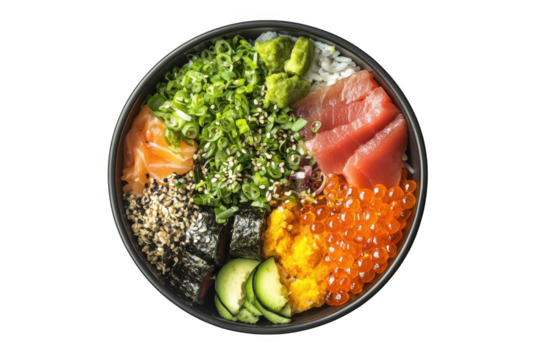 Delicious poke bowl with tuna salmon avocado seaweed and fish eggs ready to eat healthy food photography isolated on transparent background - Powered by Adobe