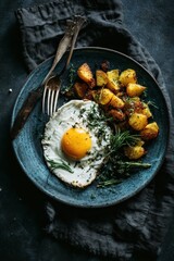 Moody Rustic Breakfast - Sunny-Side Up Egg, Crispy Golden Potatoes, Fresh Herbs on Blue Plate.