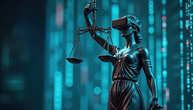 Lady Justice statue holds scales wearing VR headset in futuristic digital world. Symbol of law, tech, cyber justice, AI ethics. Concept for legal system innovation, virtual reality, metaverse
