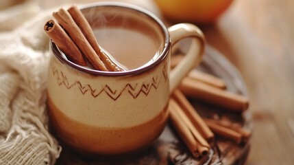 Steaming hot beverage served in a rustic ceramic mug garnished with cinnamon sticks, perfect for a cozy autumn or winter day