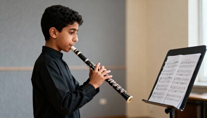 Middle Eastern Boy practicing recorder music sheet, side view with clear notes and finger positions