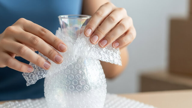 Woman wrapping glass in bubble wrap on wooden table indoors  