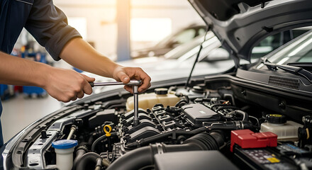 Skilled mechanic performing detailed engine maintenance and repair in a professional auto garage
