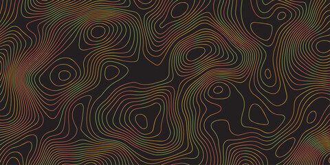 Abstract dark topographic pattern featuring fluid contour lines in warm red, orange, and green tones. Modern seamless design ideal for backgrounds, wallpapers, branding, and digital graphics.