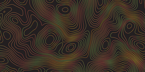 Abstract dark topographic pattern featuring fluid contour lines in warm red, orange, and green tones. Modern seamless design ideal for backgrounds, wallpapers, branding, and digital graphics.