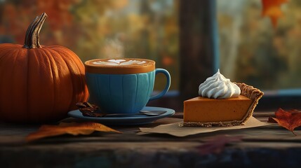 Cozy autumn scene featuring a steaming pumpkin spice latte next to a slice of pumpkin pie with whipped cream and a whole pumpkin