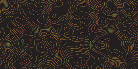Abstract dark topographic pattern featuring fluid contour lines in warm red, orange, and green tones. Modern seamless design ideal for backgrounds, wallpapers, branding, and digital graphics.