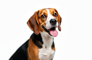 Beagle dog headshot with mouth open and tongue out. The dog looks happy and excited. Isolated on clean white studio background, perfect for pet related content.