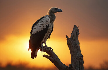 Vulture perches on branch at sunset. Bird watches its territory. Scavenger hunts prey in wild nature. Majestic animal looks around on dry tree during dusk hour. Predator resting high.