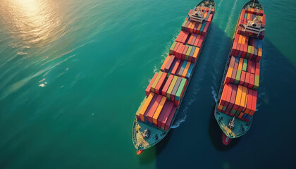 Aerial view of two cargo container ships. Ships transport goods in the turquoise ocean. Vessels loaded with colorful containers sailing on the water. Import export industry logistics trade.