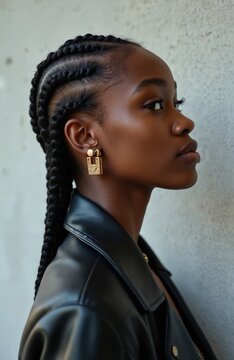 Young African woman with intricate cornrow braids hairstyle. Wears stylish black leather jacket, trendy gold earrings. Confident female model poses for beauty fashion portrait. Smooth dark skin