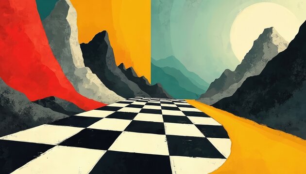 Vibrant abstract landscape art shows checkered road ahead, flanked by sharp mountains. Sky splits into warm yellow and cool teal, creating stark contrast. Red shape and big sun add surreal touch.