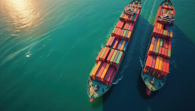 Aerial view of two cargo container ships. Ships transport goods in the turquoise ocean. Vessels loaded with colorful containers sailing on the water. Import export industry logistics trade.