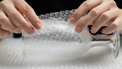 Woman wrapping glass in bubble wrap on white background  