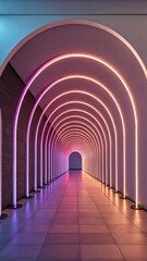 Illuminated tunnel of arches with vibrant pink and purple neon lights