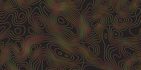 Abstract dark topographic pattern featuring fluid contour lines in warm red, orange, and green tones. Modern seamless design ideal for backgrounds, wallpapers, branding, and digital graphics.