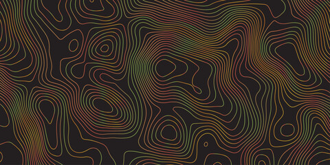 Abstract dark topographic pattern featuring fluid contour lines in warm red, orange, and green tones. Modern seamless design ideal for backgrounds, wallpapers, branding, and digital graphics.
