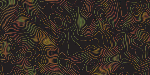 Abstract dark topographic pattern featuring fluid contour lines in warm red, orange, and green tones. Modern seamless design ideal for backgrounds, wallpapers, branding, and digital graphics.
