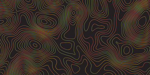 Abstract dark topographic pattern featuring fluid contour lines in warm red, orange, and green tones. Modern seamless design ideal for backgrounds, wallpapers, branding, and digital graphics.