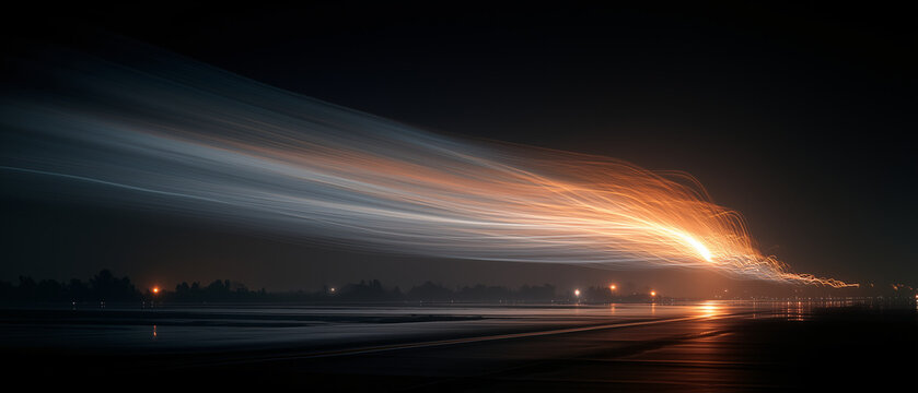 Abstract creative ultra slow shutter panning shot of shuttle light trail night glowing dynamic futuristic long exposure motion blur dramatic cityscape