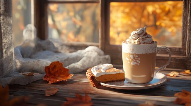 Cozy autumn scene featuring a mug of whipped cream topped latte and a slice of pumpkin pie by a sunlit window with fall foliage outside