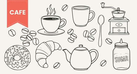 Hand Drawn Cafe and Coffee Elements Set | Vector Doodle Collection of Coffee Cup, Croissant, Donut, and Coffee Grinder Line Art Icons.