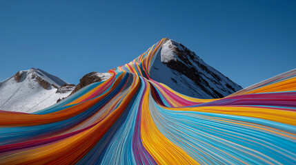 Colorful silk ribbons flow across snowy mountain peak, vibrant lines create dynamic movement under clear blue sky, blending nature and abstract art in surreal landscape