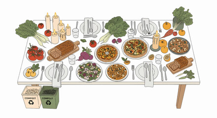 A bountiful harvest feast table laden with fresh produce, roasted meats, and homemade dishes, set for a celebratory meal with candles and recycling bins present