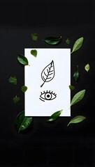 Artistic leaf and eye drawing surrounded by real leaves on black background