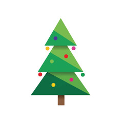 A minimalist flat design illustration of a green Christmas tree adorned with colorful round ornaments, perfect for holiday celebrations.