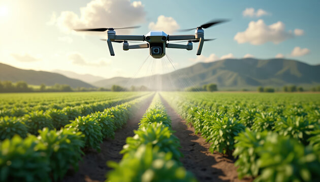 Agri drone flies over green farm field spraying water on crops. Modern smart tech helps irrigate plants for future growth. Precision farming solution for eco cultivation in rural landscape with
