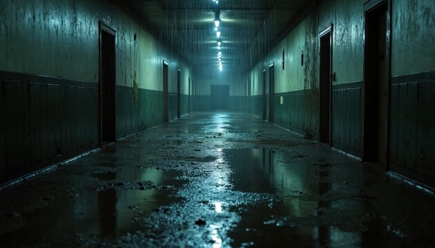 Dark abandoned corridor in decaying building with water puddles on wet dirty floor. Rain falls inside eerie hallway. Dim overhead lights illuminate gloomy atmosphere, creating mysterious, scary scene
