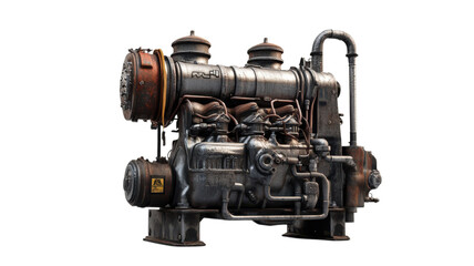 Fototapeta premium Vintage industrial engine on display in a workshop setting showcasing mechanical design and craftsmanship.