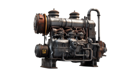 Vintage industrial engine on display in a workshop setting showcasing mechanical design and craftsmanship.