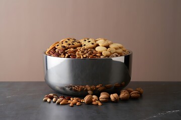 Assorted cookies and nuts in a silver bowl on a dark surface studio shot
