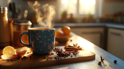 Steaming hot beverage in a blue mug on a wooden board with cinnamon stick, star anise, and orange slice in a warm kitchen setting
