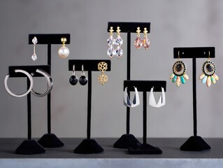 Assortment of earrings displayed on stands in a jewelry store setting indoors