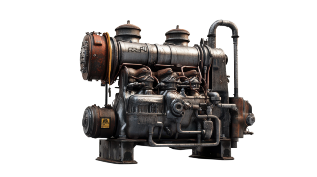 Vintage industrial engine on display in a workshop setting showcasing mechanical design and craftsmanship.