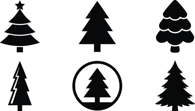 Set of 6 Black Christmas Tree Silhouettes, Various Pine and Fir Vector Icons for X-mas Holiday Decoration Isolated on White Background