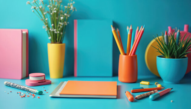 Colorful stationery like pens and pencils arranged on a vibrant desk with blooming plants. Notebooks and art supplies create a cheerful workspace for creativity, study, or office tasks. Vivid colors. - Powered by Adobe
