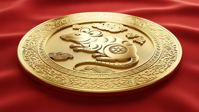 Golden Rat on Red Fabric for Lunar New Year