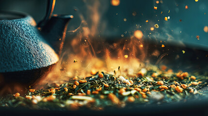 Fiery genmaicha leaves and popping rice in a hot pan beside an iron teapot, embers and steam rising over dark studio background, macro focus in foreground, concept for beverage advertising