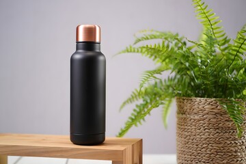 Black water bottle with copper lid on a small wooden table next to a fern plant