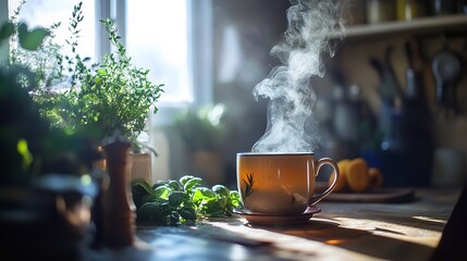 Steaming hot herbal tea in a rustic mug sits on a wooden kitchen table next to fresh green herbs by a bright window