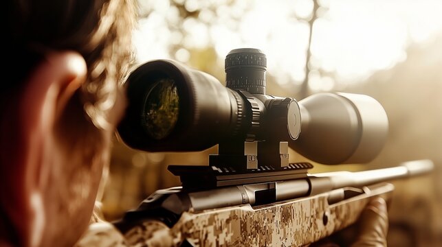 A close-up of a rifle scope mounted on a gun, aimed into the distance, evokes precision, focus, and outdoor hunting. The image conveys intensity, detail, and tactical readiness.