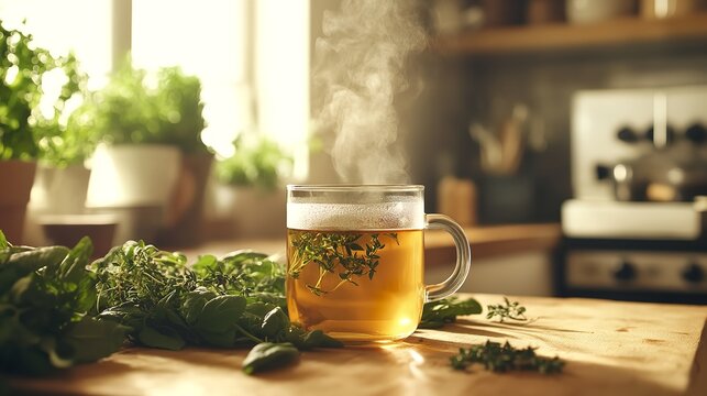 Steaming herbal tea in a clear glass mug on a wooden kitchen counter surrounded by fresh green herbs and natural light